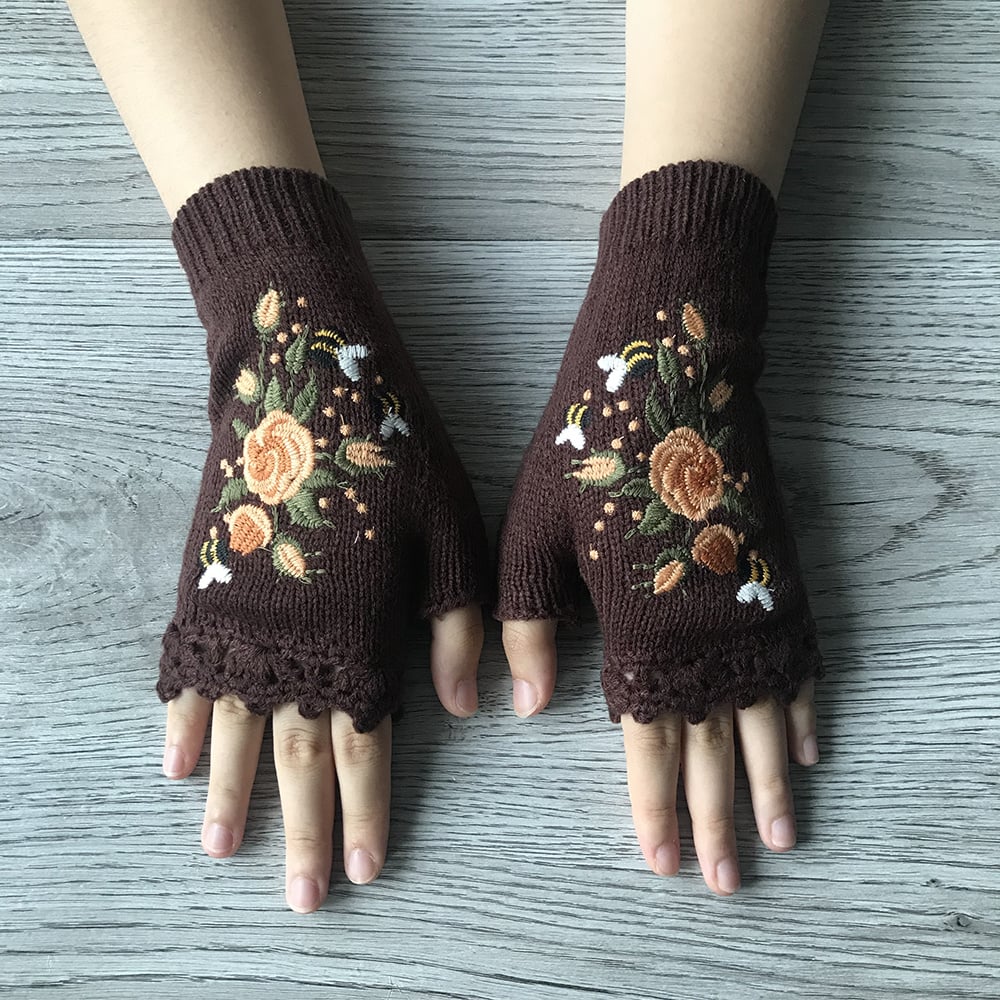 2023 Hand Embroidered Gloves Women's Knitted Gloves Flower Gloves