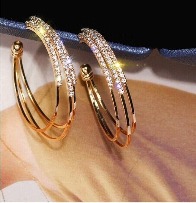 Sterling Silver Stud Earrings Shiny Diamonds Circle C-shaped Earrings