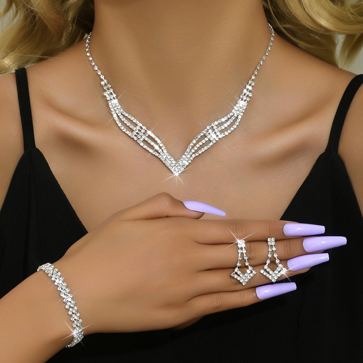 Trendy Full Diamond Earrings Necklace Bracelet Geometric Jewelry