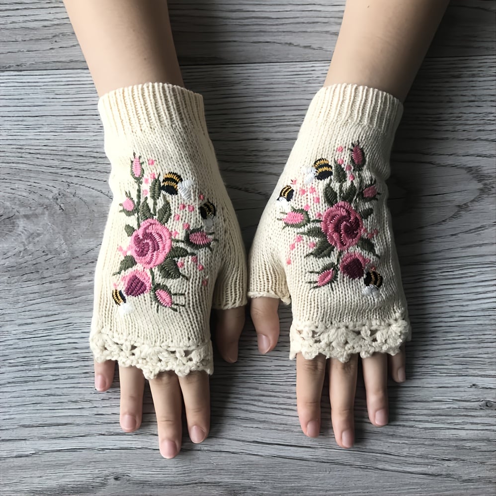 2023 Hand Embroidered Gloves Women's Knitted Gloves Flower Gloves