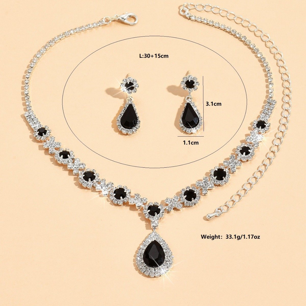 Crystal drop necklace earrings two-piece set