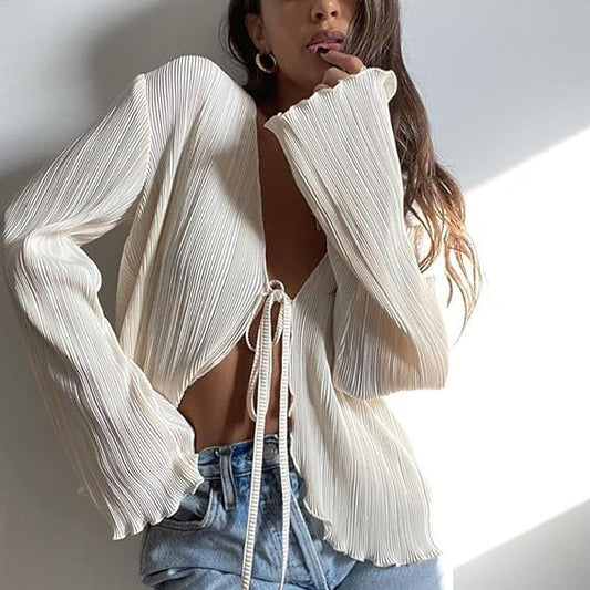 🔥Last Day 49% OFF-Women's V-neck pleated plain shirt
