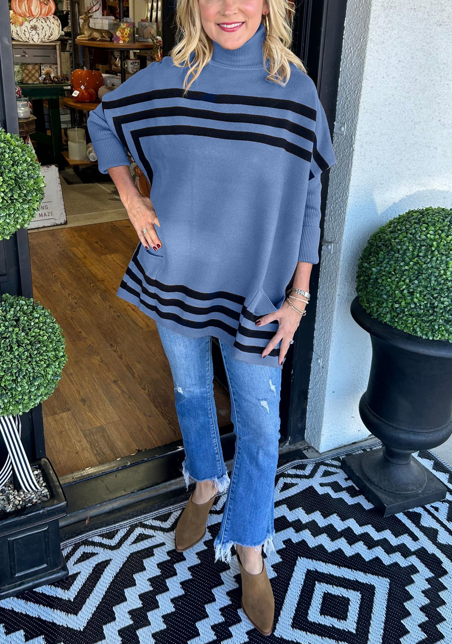 LAST DAY 49% OFF-Women's High Neck Bat Sleeve Striped Sweater (Buy 2 Free Shipping)