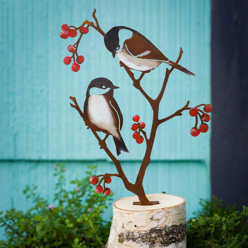 Metal hand-painted tit and berry garden art | black-capped tit silhouette