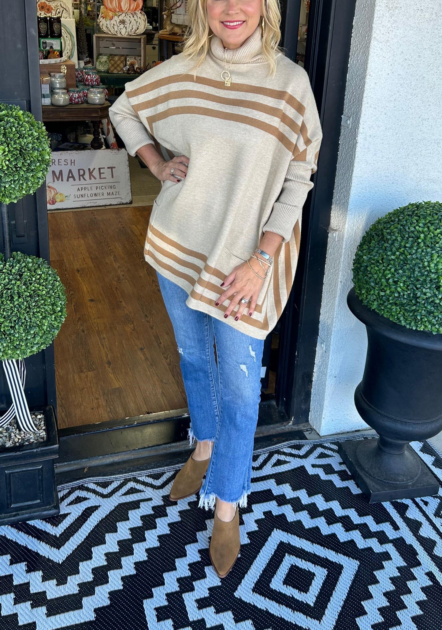 LAST DAY 49% OFF-Women's High Neck Bat Sleeve Striped Sweater (Buy 2 Free Shipping)