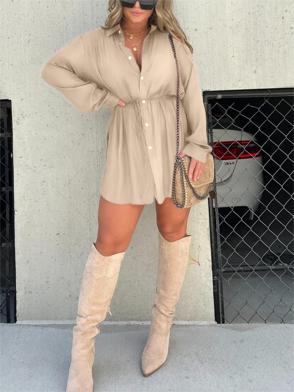 🔥Spring Hot Sale🔥-Women's Solid Color Long Sleeve Shirt Dress
