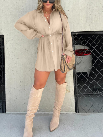 🔥Spring Hot Sale🔥-Women's Solid Color Long Sleeve Shirt Dress