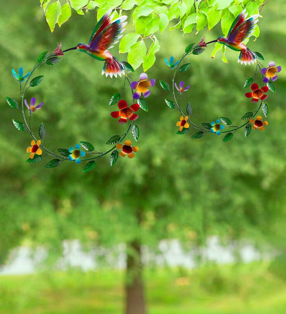 Handcrafted Metal Wreath of Flowers with Hummingbird