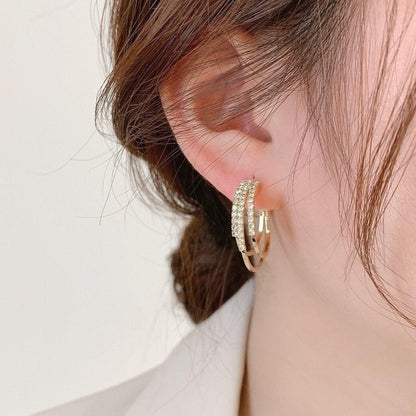 Sterling Silver Stud Earrings Shiny Diamonds Circle  C-shaped Earrings