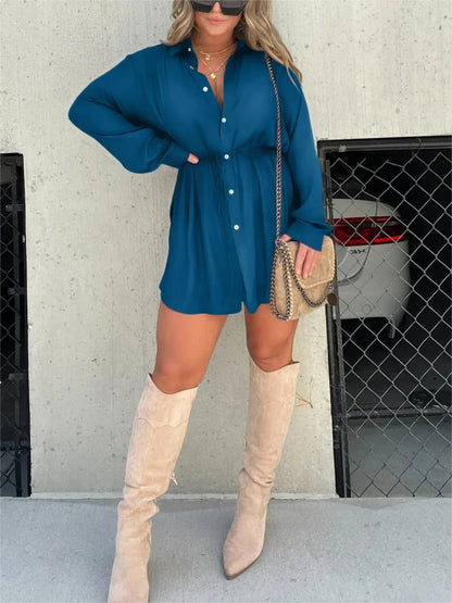 🔥Spring Hot Sale🔥-Women's Solid Color Long Sleeve Shirt Dress