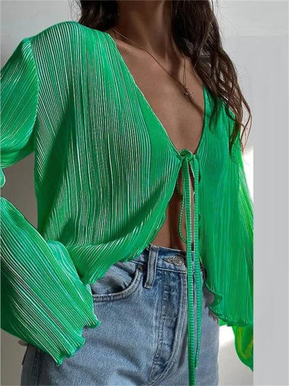 🔥Last Day 49% OFF-Women's V-neck pleated plain shirt
