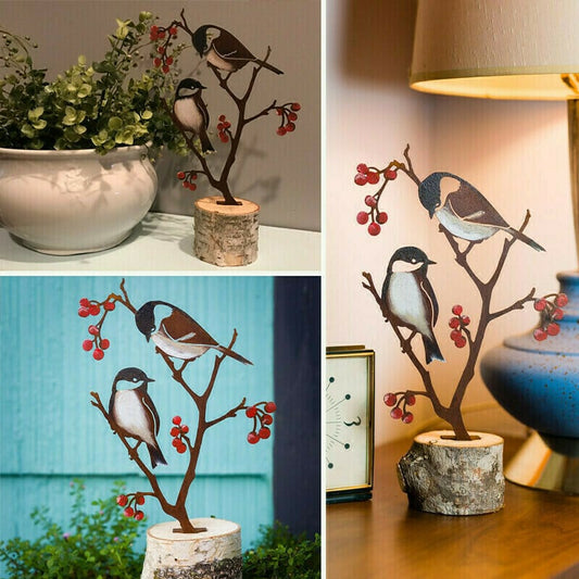 Metal hand-painted tit and berry garden art | black-capped tit silhouette