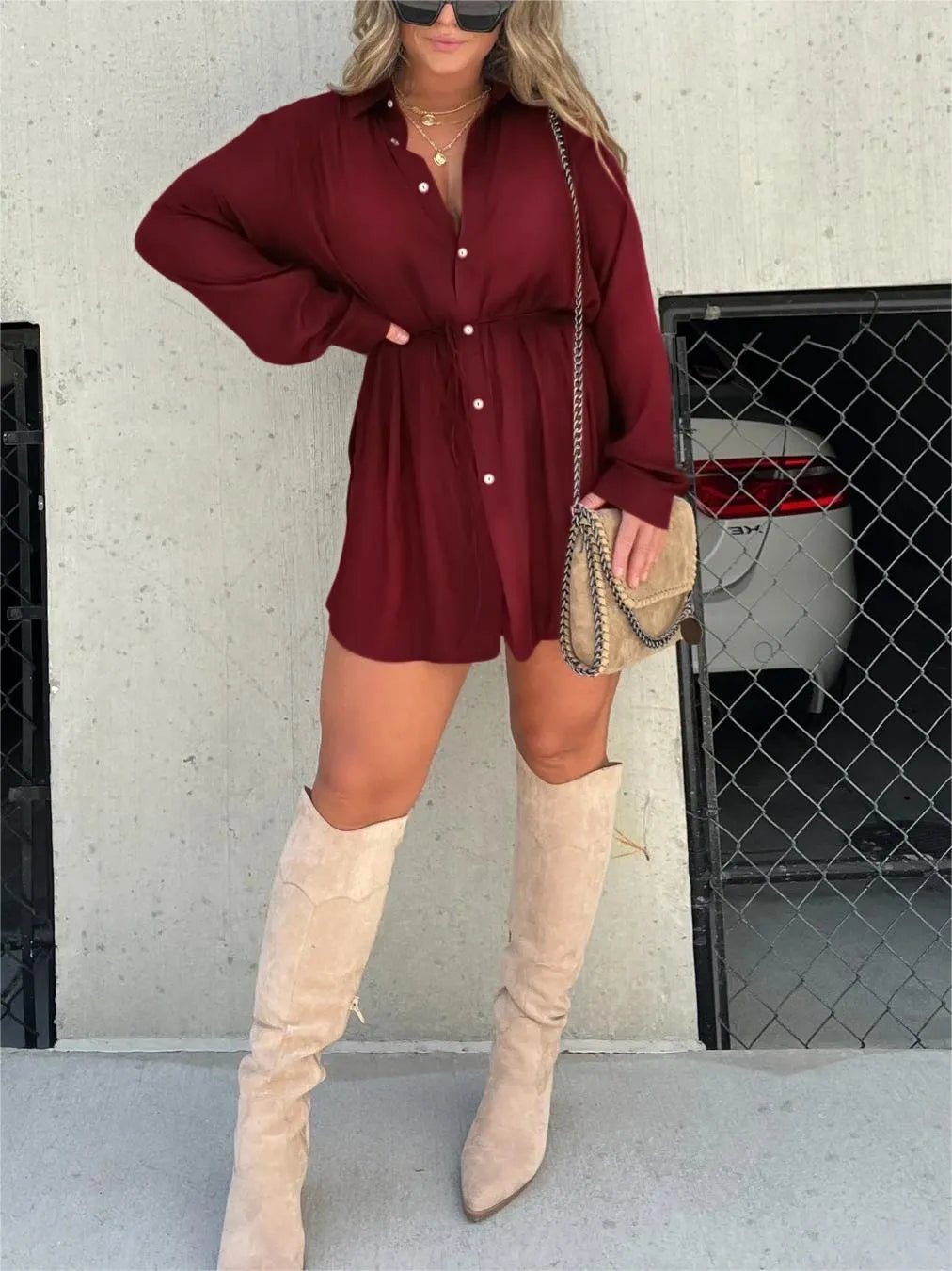 🔥Spring Hot Sale🔥-Women's Solid Color Long Sleeve Shirt Dress
