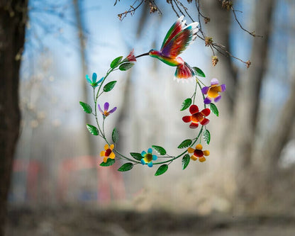 Handcrafted Metal Wreath of Flowers with Hummingbird