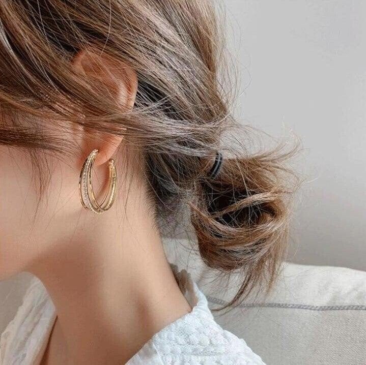 Sterling Silver Stud Earrings Shiny Diamonds Circle  C-shaped Earrings