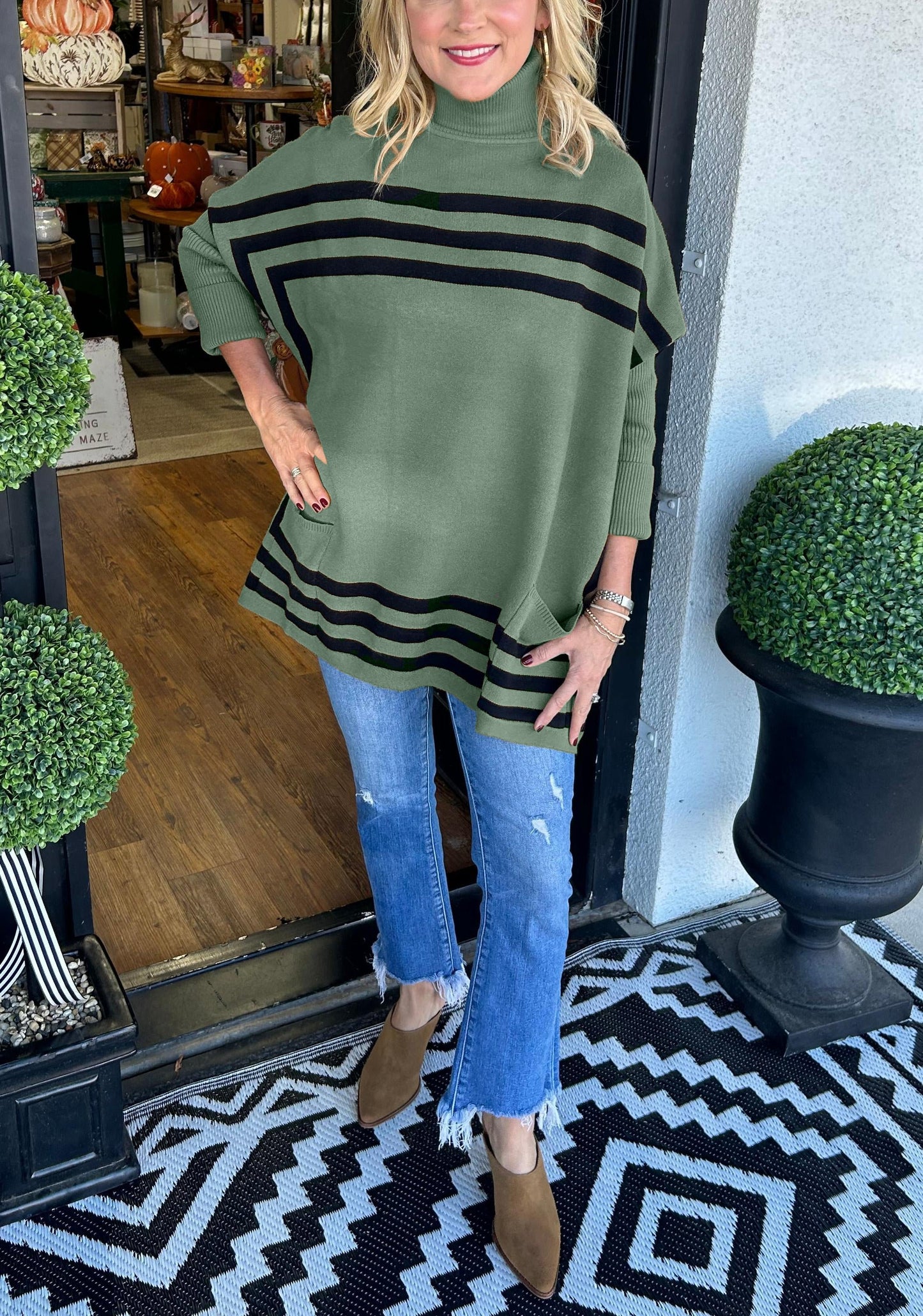LAST DAY 49% OFF-Women's High Neck Bat Sleeve Striped Sweater (Buy 2 Free Shipping)