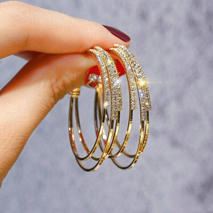 Sterling Silver Stud Earrings Shiny Diamonds Circle  C-shaped Earrings