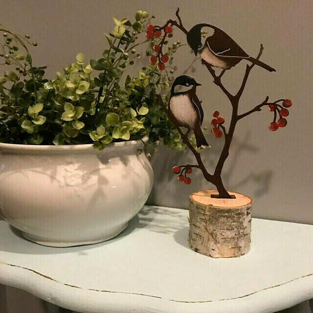 Metal hand-painted tit and berry garden art | black-capped tit silhouette