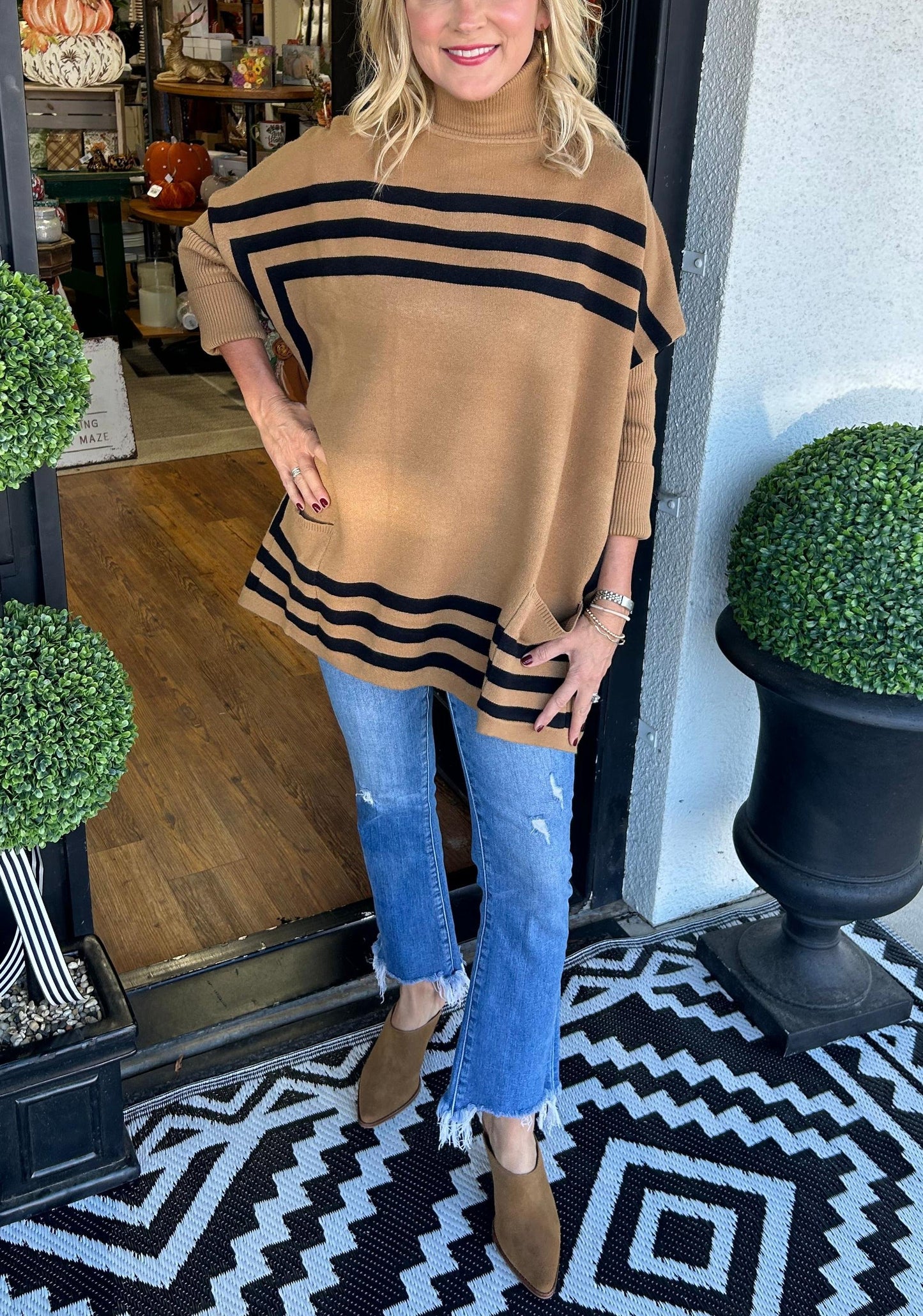 LAST DAY 49% OFF-Women's High Neck Bat Sleeve Striped Sweater (Buy 2 Free Shipping)