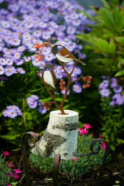 Metal hand-painted tit and berry garden art | black-capped tit silhouette
