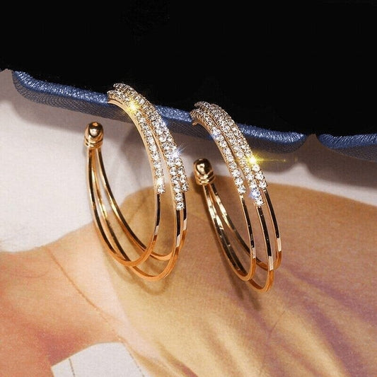 Sterling Silver Stud Earrings Shiny Diamonds Circle  C-shaped Earrings