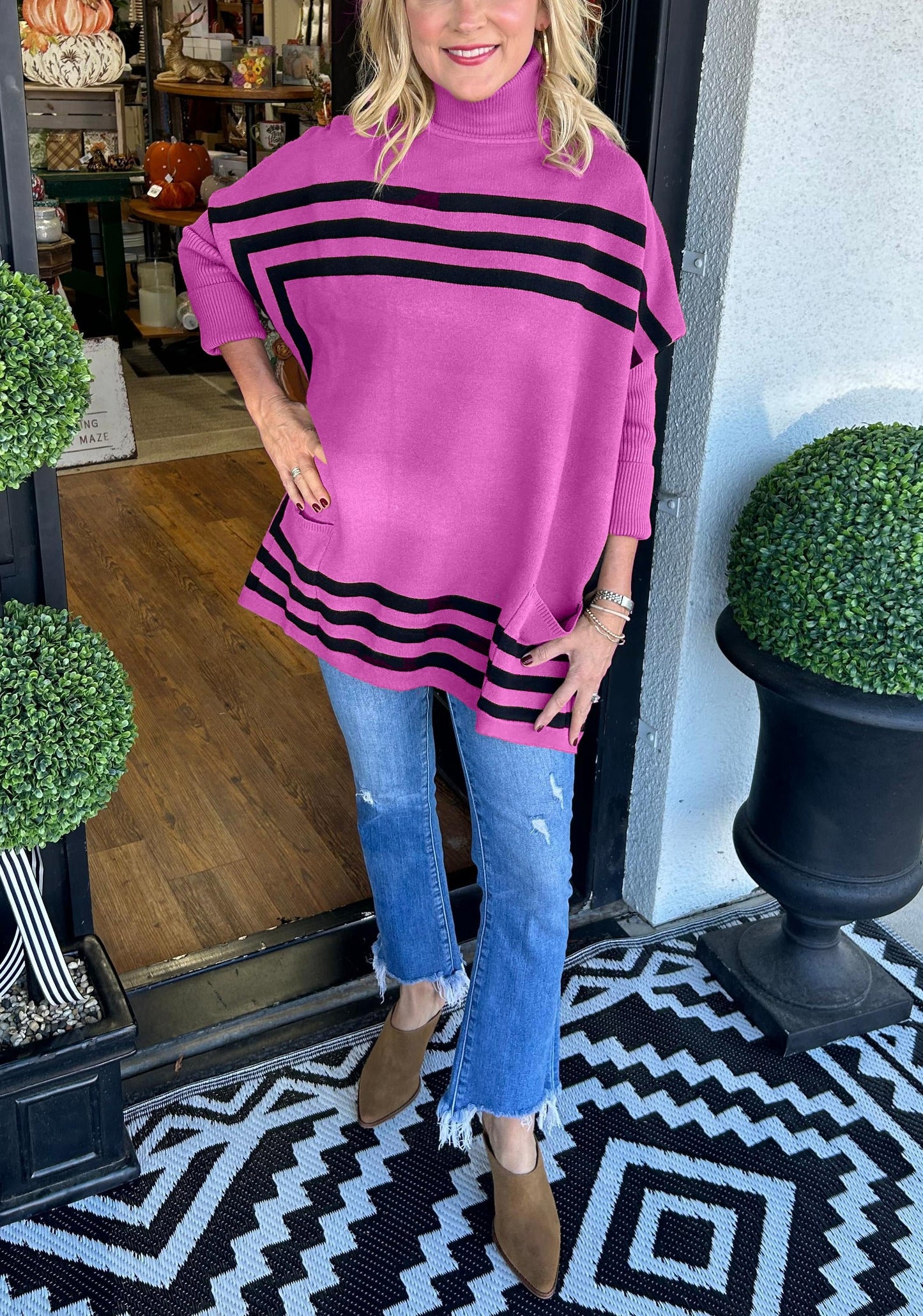 LAST DAY 49% OFF-Women's High Neck Bat Sleeve Striped Sweater (Buy 2 Free Shipping)