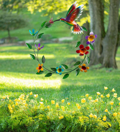 Handcrafted Metal Wreath of Flowers with Hummingbird