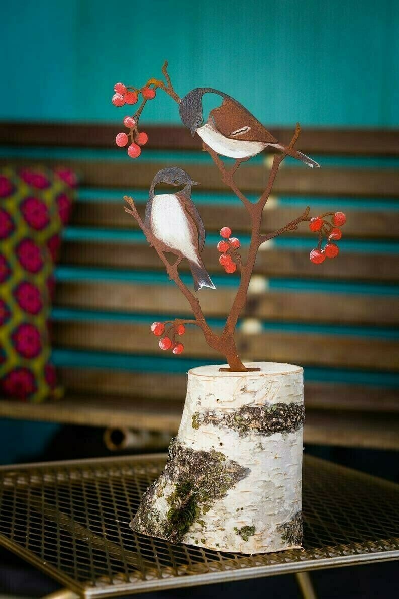 Metal hand-painted tit and berry garden art | black-capped tit silhouette